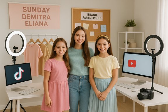 Three smiling girls stand in a bright home studio with cameras, ring lights, and YouTube/TikTok screens.