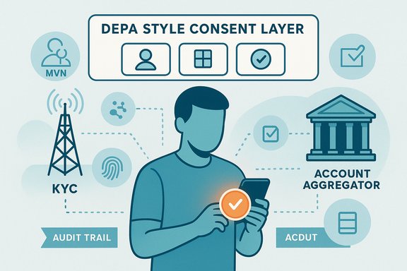Illustration of a person using a DEPA-style consent layer on a smartphone.