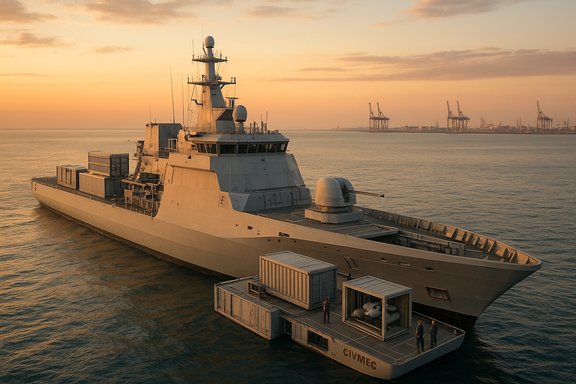 A modern warship sits at anchor near a floating cargo platform at sunset.
