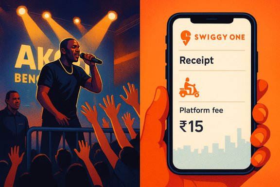 A rapper performs to a cheering crowd as a phone shows a Swiggy receipt with ₹15 platform fee.
