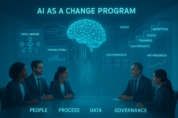 Blue-toned boardroom with a holographic AI brain as executives discuss governance.