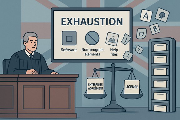 Courtroom scene: a judge considers the exhaustion of software licenses, enterprise agreements, and help files.