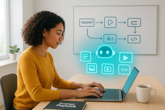 A woman types on a laptop at a desk, with glowing AI icons floating nearby.