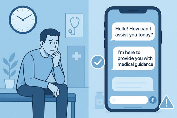 An anxious man sits in a clinic while a phone offers medical guidance via chat.