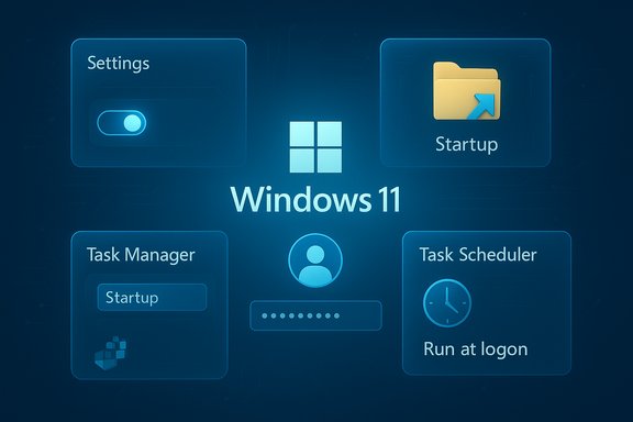 Windows 11 dashboard with icons for Settings, Startup, Task Manager, and Task Scheduler.