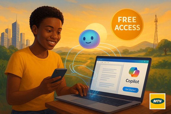 A woman uses a laptop and phone to access Copilot for free, with MTN branding.