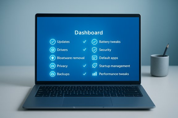 Laptop displays a blue Dashboard panel with checkmarks for updates, privacy, and more.