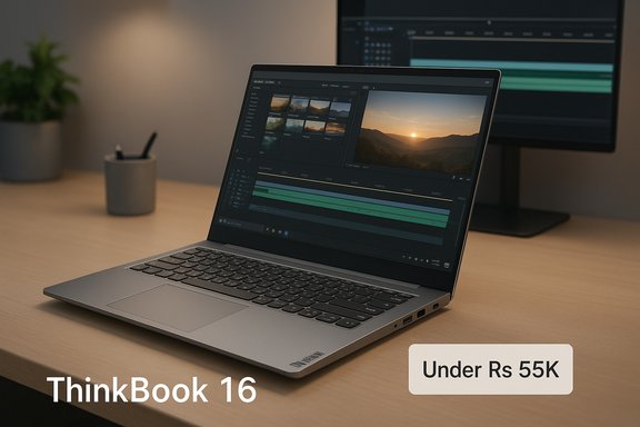 A ThinkBook 16 laptop on a wooden desk running video editing software.