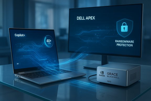 Cybersecurity workstation: Dell Apex display shows ransomware protection as data flows from laptop.