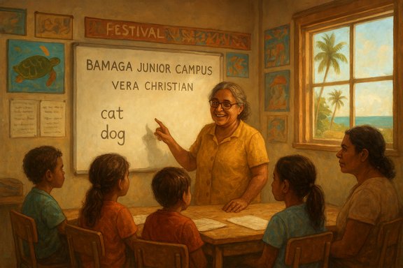 Smiling teacher leads a group of children in a warm classroom, pointing to 'cat' and 'dog' on the board.
