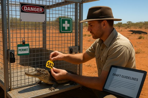 Researcher tags a crocodile in a desert enclosure; laptop nearby shows draft guidelines.