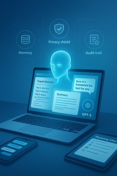 A futuristic AI assistant on a laptop shows a travel itinerary with privacy and memory icons.
