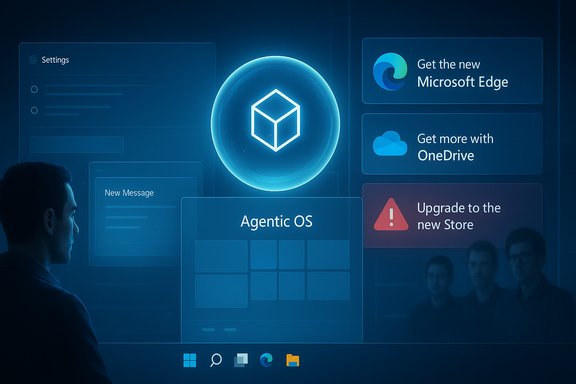 A person watches a glowing holographic UI featuring Agentic OS with Edge, OneDrive, and Store tiles.
