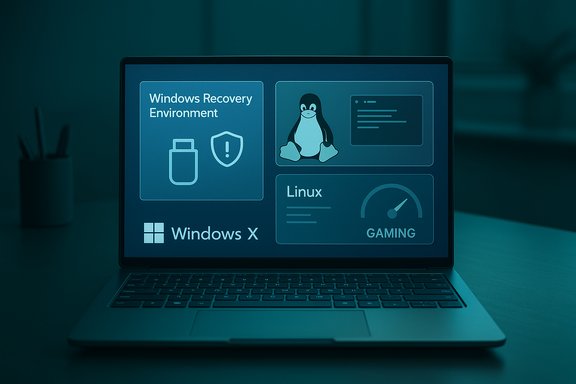 Laptop screen shows Windows Recovery Environment tiles, including Windows X and a Linux (Tux) gaming panel.