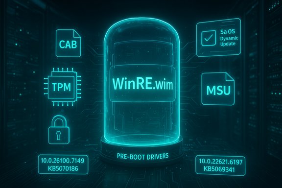A glowing holographic display centers on WinRE.wim with pre-boot drivers in a data-center style interface.
