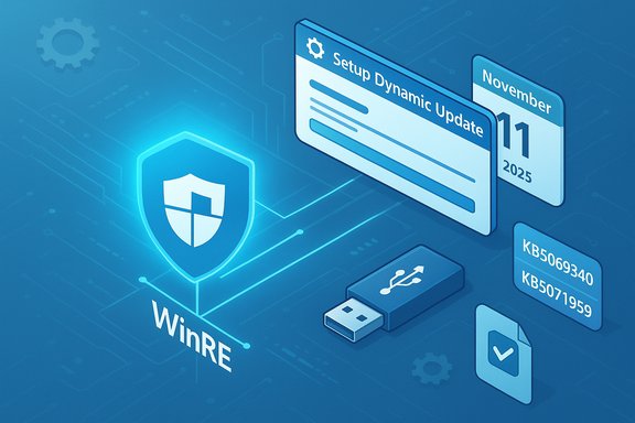 Blue tech illustration of WinRE shield, USB drive, and a dynamic setup update UI.