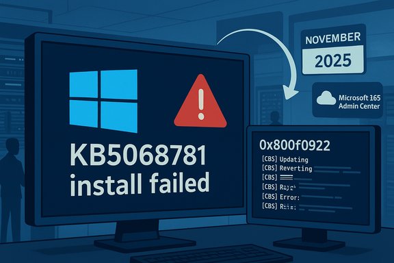 Windows update KB5068781 install failed, shown with a warning icon and error 0x800f0922.
