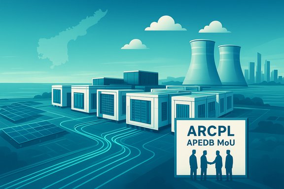 A futuristic energy campus with modular buildings, solar panels, cooling towers, and a MoU signing.