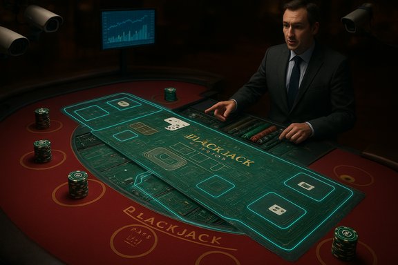 A suited dealer oversees a futuristic holographic blackjack table.