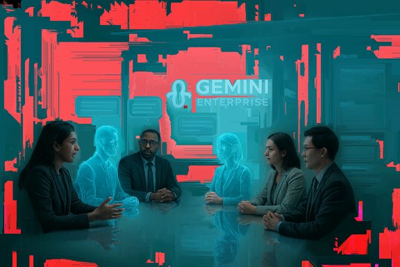 A business meeting with holographic figures around a glass table beneath the Gemini Enterprise logo.