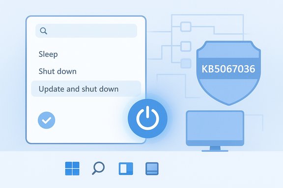 Blue illustration of a Windows shutdown menu with Sleep, Update options, a power button, and KB5067036 shield.
