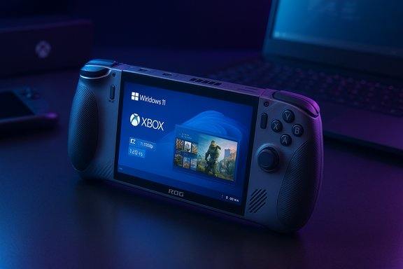 ROG handheld gaming PC running Windows 11 with Xbox on screen, under blue-purple lighting.