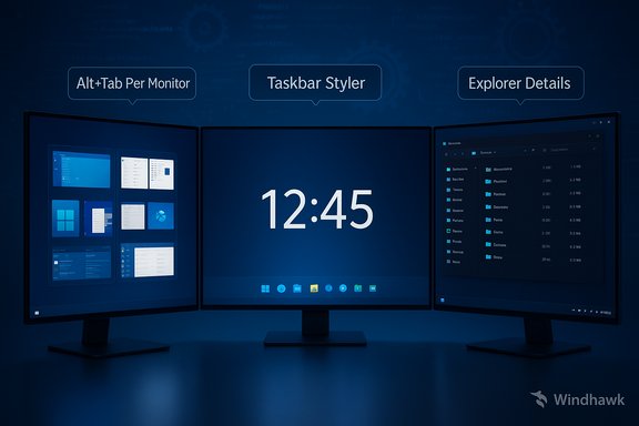 Three-monitor setup with a large center clock, left apps view, and right file explorer details.