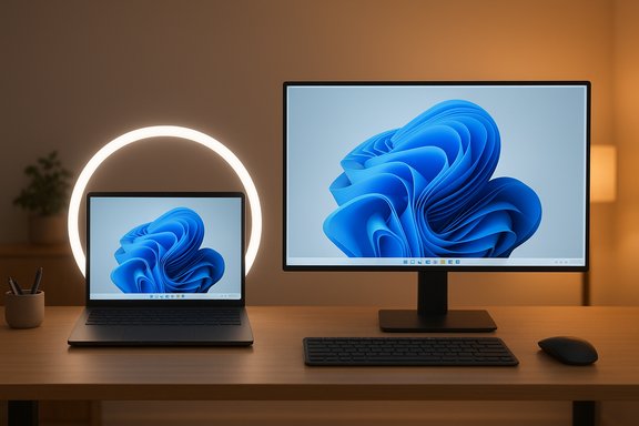 A tidy desk setup featuring a laptop and large monitor displaying blue abstract wallpaper, illuminated by a ring light.