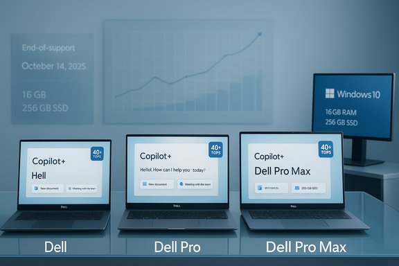 Three Dell laptops on display run Copilot+ screens: Dell, Dell Pro, and Dell Pro Max.