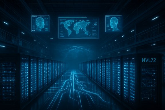 A futuristic data center with glowing blue server racks and holographic screens overhead.