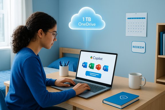 A student at a desk uses a laptop with a 1TB OneDrive cloud and Copilot icons on screen.