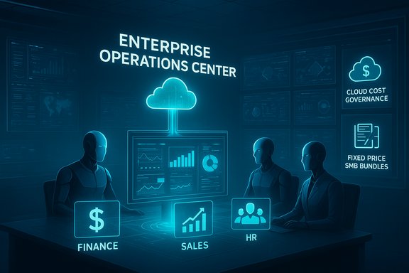A futuristic enterprise operations center with AI-powered robots and cloud dashboards.