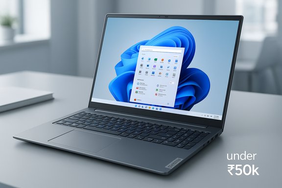 Sleek laptop on a clean desk displaying a Windows desktop, priced under ₹50k.