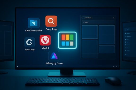 A computer monitor shows colorful app icons on a dark neon-blue interface.