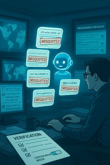 A researcher at a computer surrounded by MISQUOTED notes and a verification checklist.