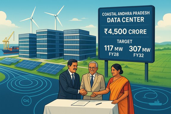 Officials sign a ₹4,500 crore Coastal Andhra Pradesh Data Center deal beside wind turbines and solar panels.