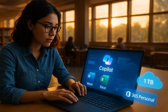 A student in a library works on a laptop displaying Copilot and Office apps.