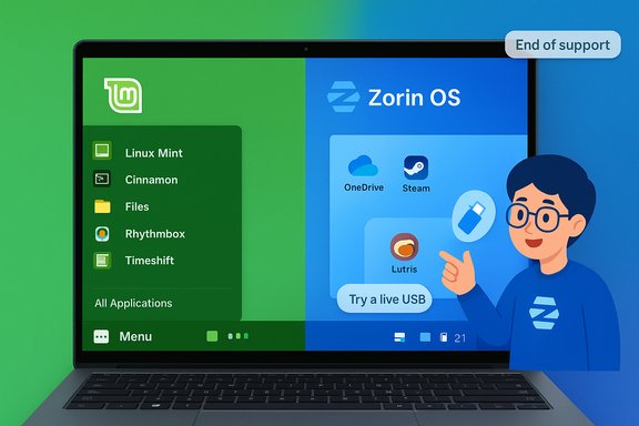 Laptop screen showing Linux Mint on the left and Zorin OS on the right, with a cartoon guide pointing.