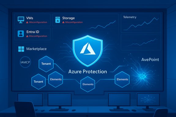 Azure Protection dashboard featuring a glowing shield and network charts.