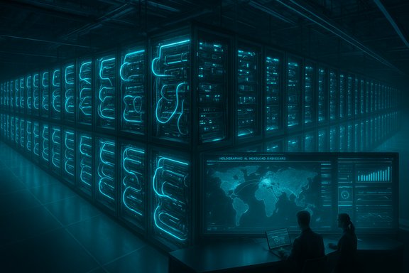 Neon-blue server racks fill a data center as two operators monitor a holographic world map.
