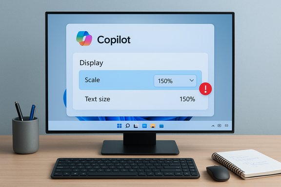 Monitor shows Copilot settings with 150% scale and text size, plus a red alert badge.