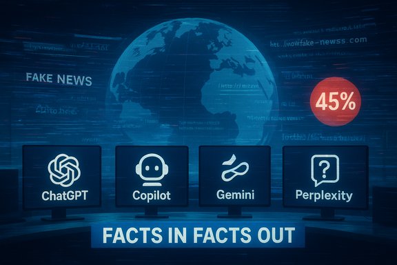 Blue infographic showing four AI tools (ChatGPT, Copilot, Gemini, Perplexity) amid fake news and a 45% stat.
