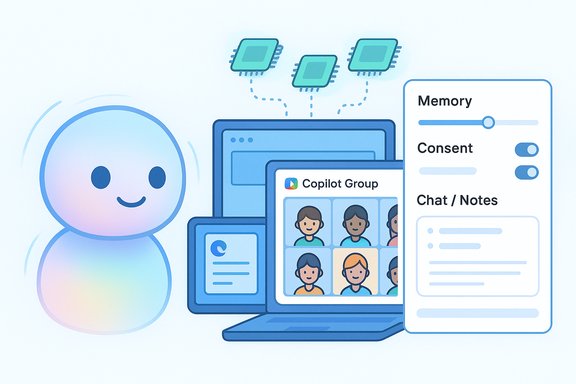A friendly AI assistant coordinates team avatars on a laptop with memory and consent controls.