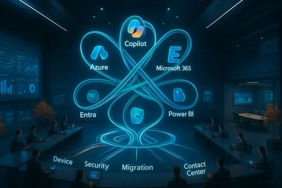 Neon holographic diagram in a boardroom showcasing Azure, Copilot, Microsoft 365, Entra and Power BI.