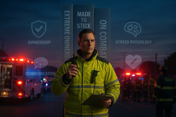 Firefighter in a bright jacket uses a radio at a nighttime emergency scene.