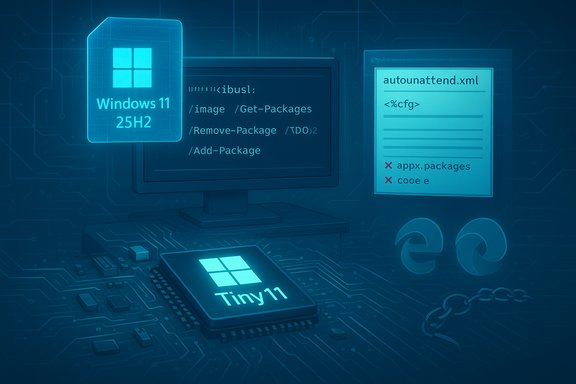 Futuristic blue circuitry scene featuring a Windows 11 Tiny11 chip and an autounattend.xml file.