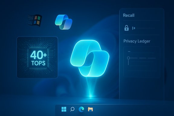 Futuristic blue AI chip with holographic UI panels and a 40+ TOPS glow.