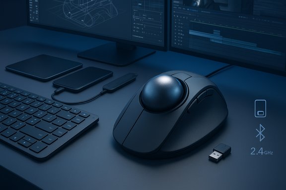 A sleek desk setup with a trackball mouse, keyboard, smartphones, and a USB wireless dongle.