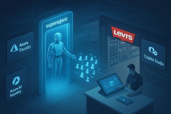 A humanoid robot passes through a glowing superagent portal as a technician operates AI tools in a high-tech shop.