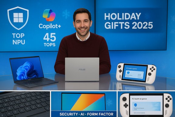 A smiling man sits at a glass desk with a laptop, handheld game console, and keyboard against a blue Holiday Gifts 2025 backdrop.